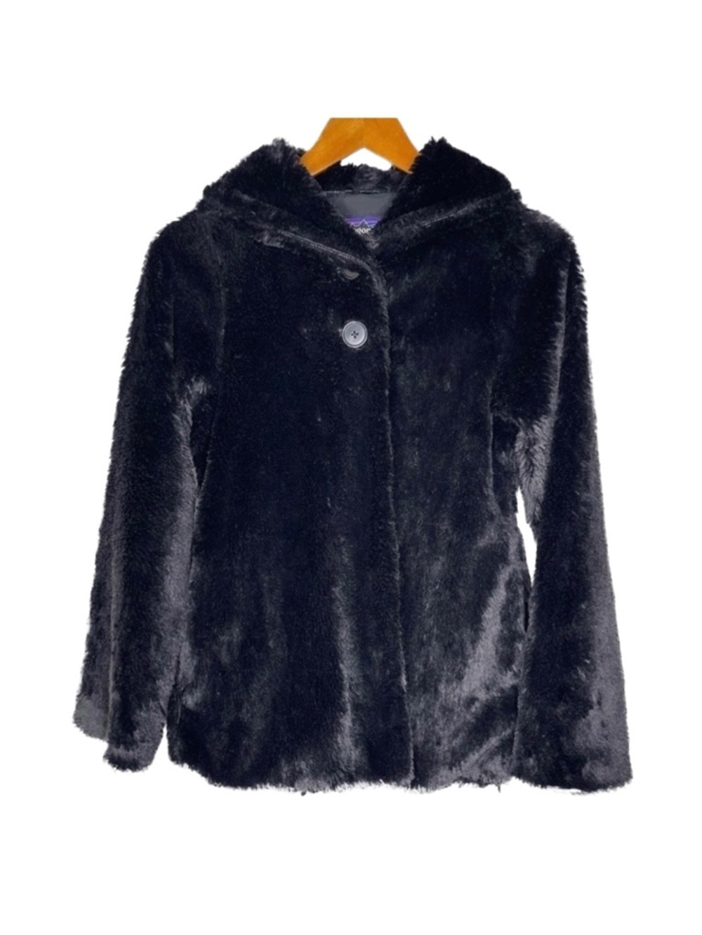 Patagonia Pelage Faux Fur Jacket Girls XL 14 Black Shawl Collar Cozy